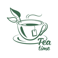 Green tea cup with leaves and steam text tea time leaf