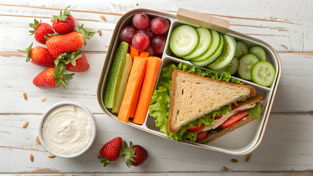 Healthy and delicious bento box lunch with fresh fruit vegetables and sandwich perfect for on-the-go meals