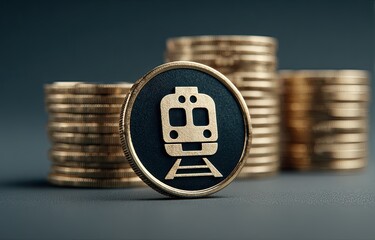 A gold-rimmed coin featuring a train icon rests before stacks of gold coins, suggesting transportation costs or investment