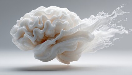 Abstract brain form, off-white, swirling, liquid-like texture, flowing outwards, against a neutral background