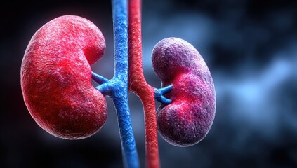 Detailed 3D rendering of a pair of human kidneys, realistically textured and colored, connected by vessels against a dark, blurred backdrop