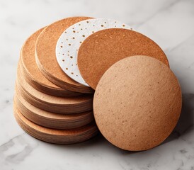 Stack of round, speckled, light brown and white coasters with gold flecks, on a marble surface
