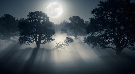 A serene lake reflects the bright full moon and starry sky, framed by dark, tree-covered hills under a twilight sky.