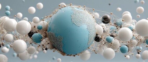 A light blue globe, resembling Earth, is interwoven with a network of smaller spheres and connecting lines, creating a sense of global connection and intricate relationships