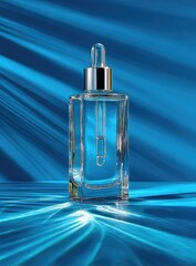 A clear glass dropper bottle with a silver top sits on a vibrant blue, shimmering background.  The bottle is partially filled with a clear liquid