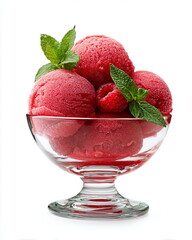 raspberry sorbet in glass bowl with mint, isolated on white background