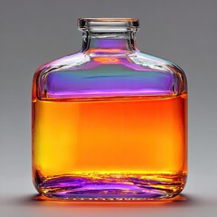A square glass bottle, partially filled with a vibrant, layered liquid exhibiting iridescent purple, orange, and yellow hues against a neutral gray background