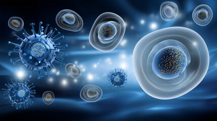 Glowing white blood cells attacking viruses in dark blue background  