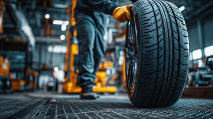 Beautiful photo of vertical perspective of skilled worker aligning new tire on vehicle, uniform and safety gear visible, tidy auto shop background with concrete floor and.