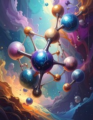 A vibrant, abstract depiction of interconnected spheres, suspended in a swirling, colorful nebula-like space, showcasing a dynamic, otherworldly composition.