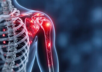 Detailed 3D medical illustration of a human shoulder, highlighting inflamed joints and bones with red accents against a dark blue background