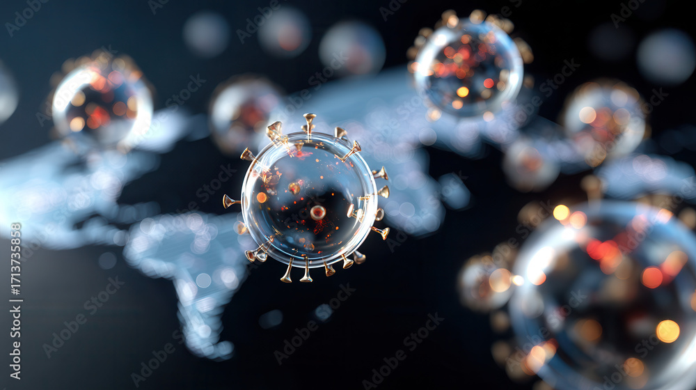 Poster virus orb floating in dark space with glowing particles and blurred world map background creating my