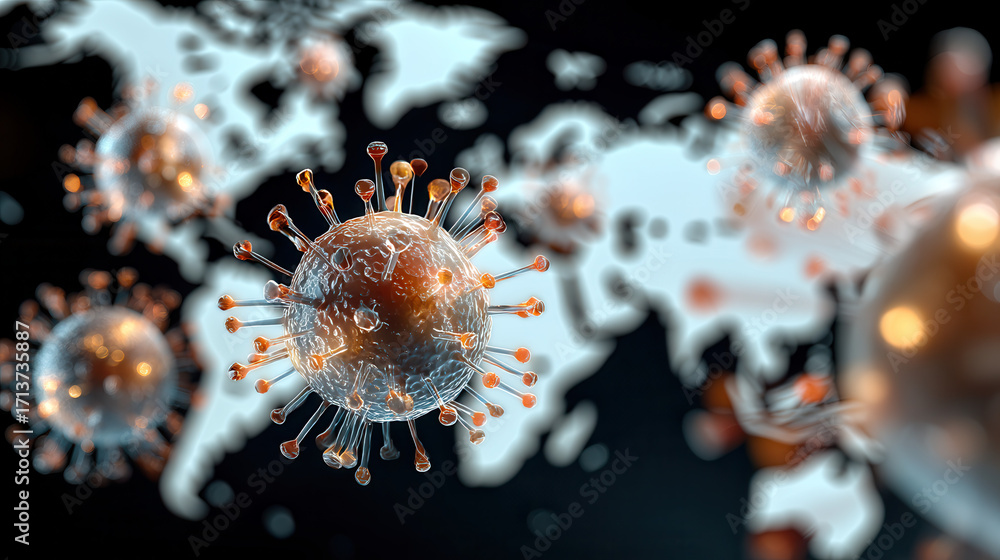 Poster virus orb with spike protein structure floating in front of blurred world map background, symbolizin