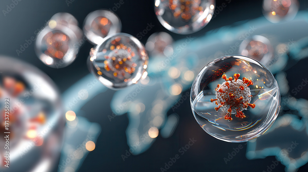 Poster virus orb floating in space with blurred dna strand background, showing detailed viral structure in 