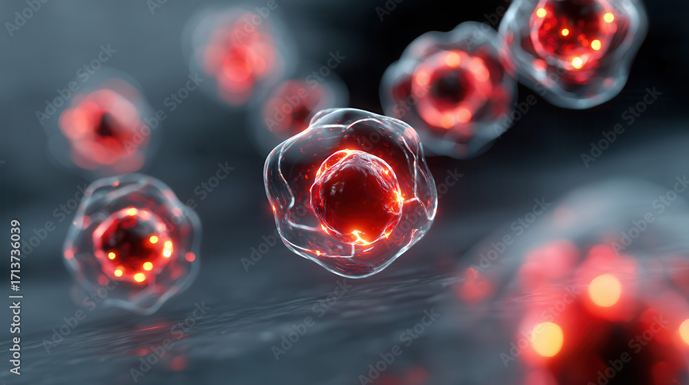 Poster glowing red virus particle with transparent outer layer floating in dark space, scientific and futur