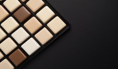 Black background with square blocks of different shades of beige and white cream featuring empty space for luxury cosmetic product presentation concept