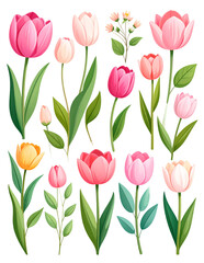 Beautiful bouquet of bright pink tulips blooming on a white background