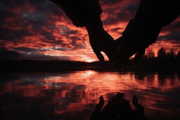 Fiery Sunset Silhouette - Intertwined Hands Reflecting Passionate Love.