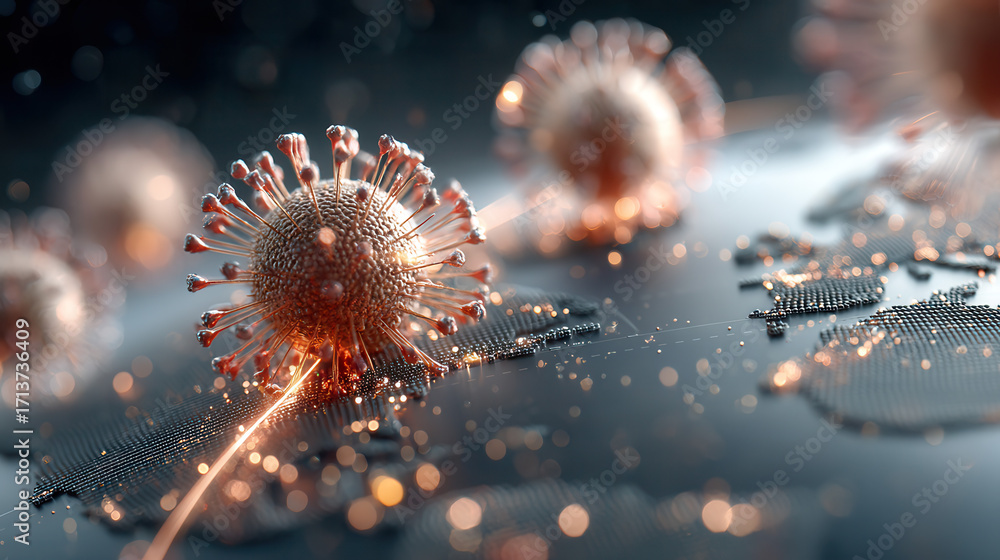 Poster ultra detailed viral particle floating in dark atmosphere with glowing bokeh effect creating dramati
