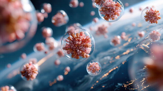 Ultra realistic biological virus structures floating in fluid environment with detailed surface and soft lighting effect