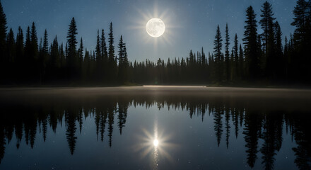 A serene lake reflects the bright full moon and starry sky, framed by dark, tree-covered hills under a twilight sky.