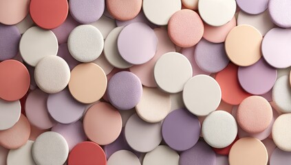 A dense collection of pastel-colored, round discs in varying shades of pink, purple, and white, creating a textured, almost fabric-like appearance