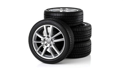 Obraz premium Stacked car tires and rims on white background