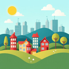 Fototapeta premium Urban summer cityscape illustration with modern architecture, green trees, and sunlit sky