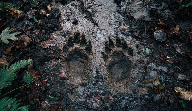 Animal tracks in muddy forest path