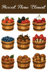 Harvest Theme Element Set Vol. 01—Strawberries, Berries, Cherries, Blueberries, Acorns, Mushrooms, Hazelnuts, and Walnuts. Design Element. Clip art. Suitable for artwork design