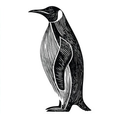 Elegant Emperor Penguin Illustration Detailed Black and White Graphic Depiction of Wildlife Art Print