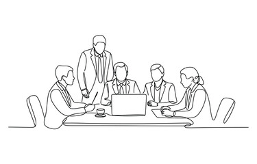 Minimalist line drawing business meeting presentation with team discussion and Laptop drawing vector, Continuous One Line art Vector illustration.