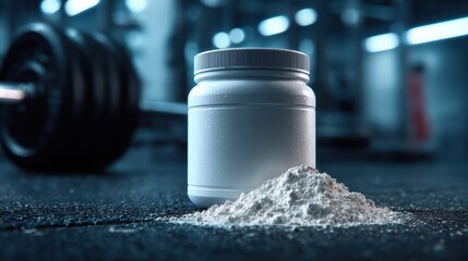 Beautiful photo of stunning photo of creatine Monohydrate Powder Jar Mockup in Gym Setting for Bodybuilding Nutrition Supplement - Fitness Product Photography Concept.