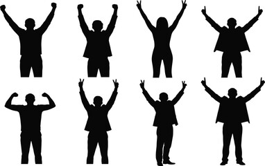 Celebration silhouette set, black, diverse people cheering with raised arms, peace signs, flexed muscles, vector, isolated victory posture bundlet