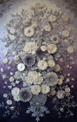 A detailed and elaborate floral arrangement, sculpted from paper, forms a striking centerpiece against a muted backdrop of purple and gray.