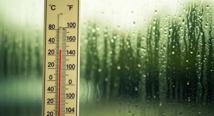 Close up of a thermometer on a window with condensation showing the temperature in celsius and fahrenheit on a humid day