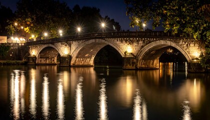 Fototapeta premium Stone Arch Bridge at Night Reflecting in River Water