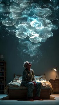 Contemplative Individual Reflects in Dimly Lit Room Surrounded by Ethereal Thought Clouds