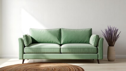 Modern mint green sofa with decorative pillows in a bright room