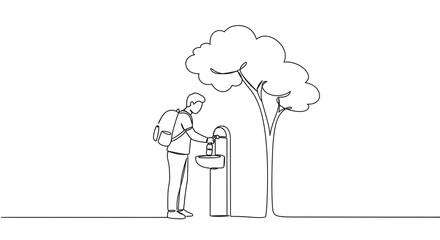 Person Drinking Water From Outdoor Fountain Next to Tree in Minimalist Line Art