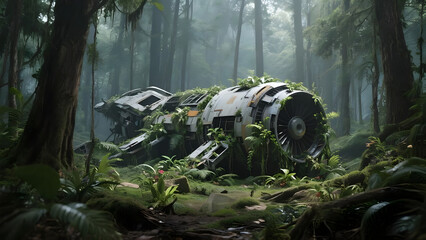 Wreckage of an antiquated spaceship assimilated into the dense lush greenery of a primeval forest