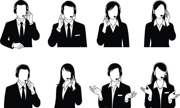 Customer service silhouette set, black, professionals in suits with headsets, speaking, listening, gesturing, vector, isolated support posture bundle