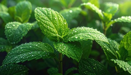 Close-up view of vibrant, fresh mint leaves, glistening with morning dew drops, showcasing a healthy, lush growth.