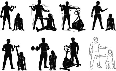 Fitness coaching silhouette set, black, gym exercises with trainer guidance, dumbbells, elliptical, resistance bands, vector, isolated workout bundle