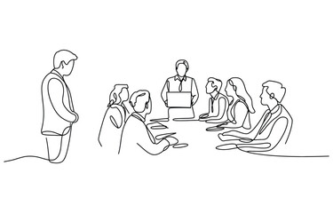 Minimalist line drawing business meeting presentation with team discussion and whiteboard drawing, Continuous One Line art Vector illustration.