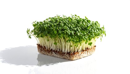 Close-up of a vibrant square container filled with fresh, healthy microgreens, showcasing a bright green leafy growth against a pure white background.