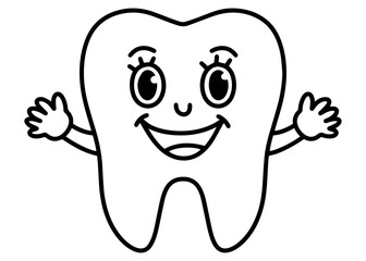 Smiling tooth character with big eyes and open arms. Cute dental mascot for oral care, dentistry, toothpaste packaging or children’s clinic design.