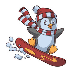 Penguin Snowboarding in Winter Attire