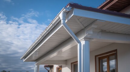Beautiful photo of seamless protection new aluminum rain gutters on house facade outdoor home improvement.
