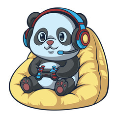 Gaming Panda with Headphones and Controller on a Beanbag